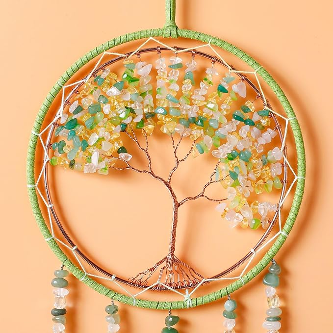 Agate Gemstone Dream Catcher 7 Chakras Sycamore Tree of Life Dream Catcher with Healing Crystal Stones Handmade Dreamcatcher Wall Decor for Adults Boys Girls,Bedroom,Wedding,Garden,Bless Gift