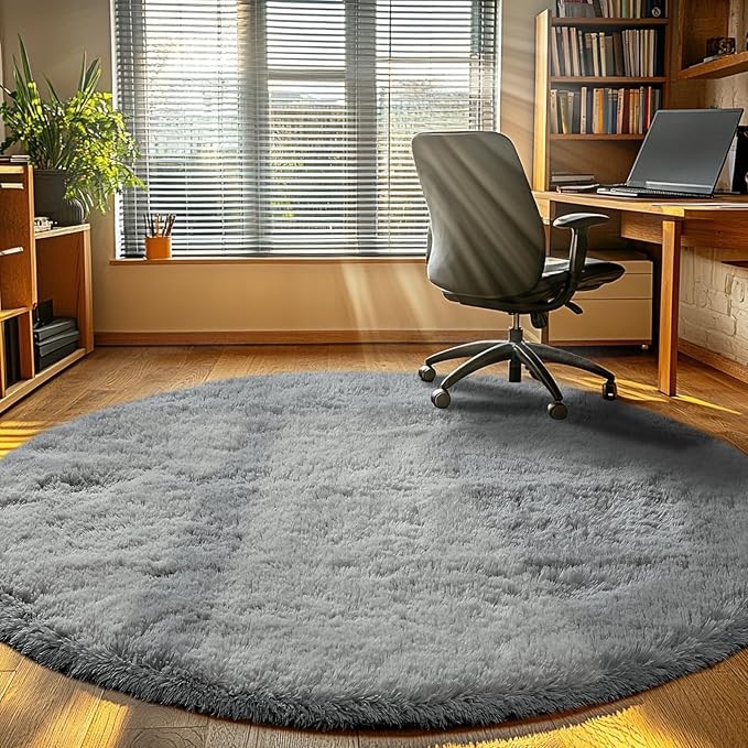 CAIYUECS Grey Round Rug for Bedroom: 4x4Feet Soft and Fluffy Area Rug for Living Room- Circle Fuzzy Bedroom Rug- Oval Furry Plush Rug for Kids Room, Nursery (4ft, Grey)