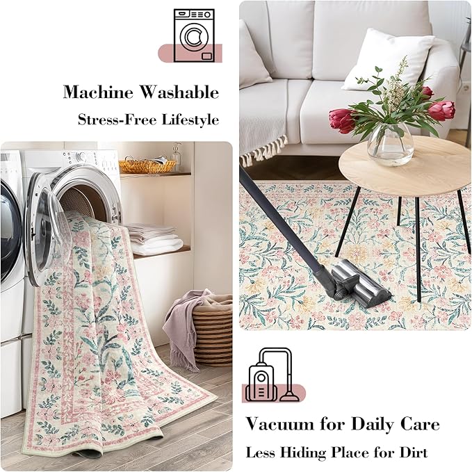 Wonnitar Floral Washable Runner Rug, 2'6"x8' Runners for Hallways Pink Rugs for Entryway Bedroom, Boho Non Slip Soft 8ft Long Carpet for Kitchen Bathroom Laundry