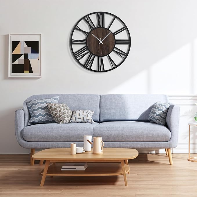 Large Wall Clock for Living Room Decor, 24 Inch Non Ticking Silent, Battery Operated Modern Vintage Oversized Wall Clock for Bedroom Kitchen