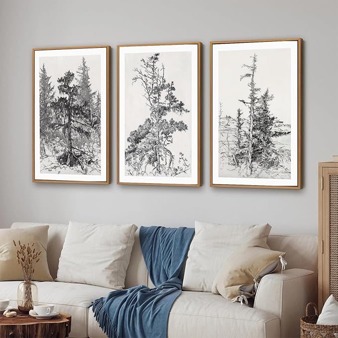 SIGNINART Vintage Tree Framed Wall Art Set , Black and White Antique Sketchbook Forest Painting, Wilderness Illustration Art Print , Retro Pine Tree Landscape Drawing Wall Decor for Living Room, Bedroom, Office (16"x24"x3)