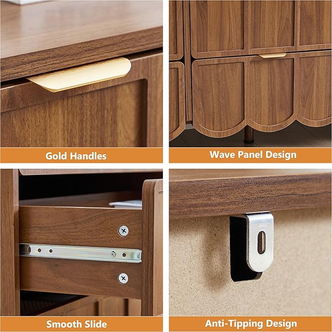 9 Drawer Dresser for Bedroom, Modern Closet Chest of Drawers with Wave Fluted Drawer, Wood Storage Small Dresser Organizer for Nursery Bedroom Living Room Hallway Closet (Walnut)