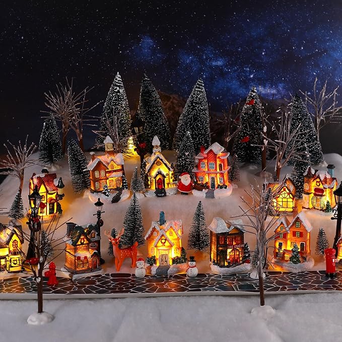 Kajaia 68 Pieces Christmas Winter Houses Village Set, Christmas Bare Branch Trees Snowman Winter Village Town Buildings Accessories Set for Christmas Figurine Village Miniature Home Desktop Decor
