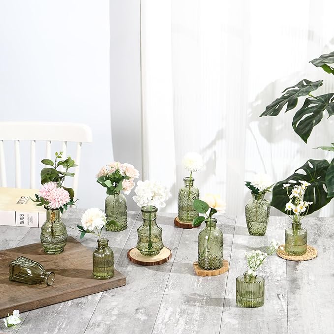 Bud Vases in Bulk 50, Glass Vases for Centerpieces, Small Vases for Flowers, Small Flower Vase for Centerpieces, Mini Vintage Vase, Green Bud Vases for Wedding Table Decor