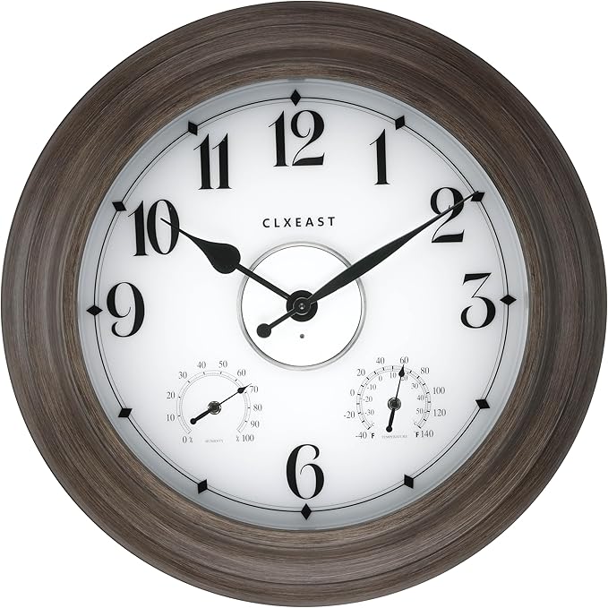 CLXEAST 24 Inch LED Illuminated Outdoor Clocks Waterproof with Thermometer & Hygrometer, Large Lighted Metal Wall Clock with Smart Night Light Sensor,Grey Oak Finish,House Warming Gifts New Home