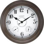 CLXEAST 24 Inch LED Illuminated Outdoor Clocks Waterproof with Thermometer & Hygrometer, Large Lighted Metal Wall Clock with Smart Night Light Sensor,Grey Oak Finish,House Warming Gifts New Home