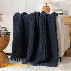 Chunky Knit Blanket Throw, 100% Hand Knit Throw Blanket Handmade Chenille Cable Knit Throw for Couch, Stylish Cozy Soft Rope Knot Crochet Blanket for Home Decor, Navy Blue, 50x60 Inches