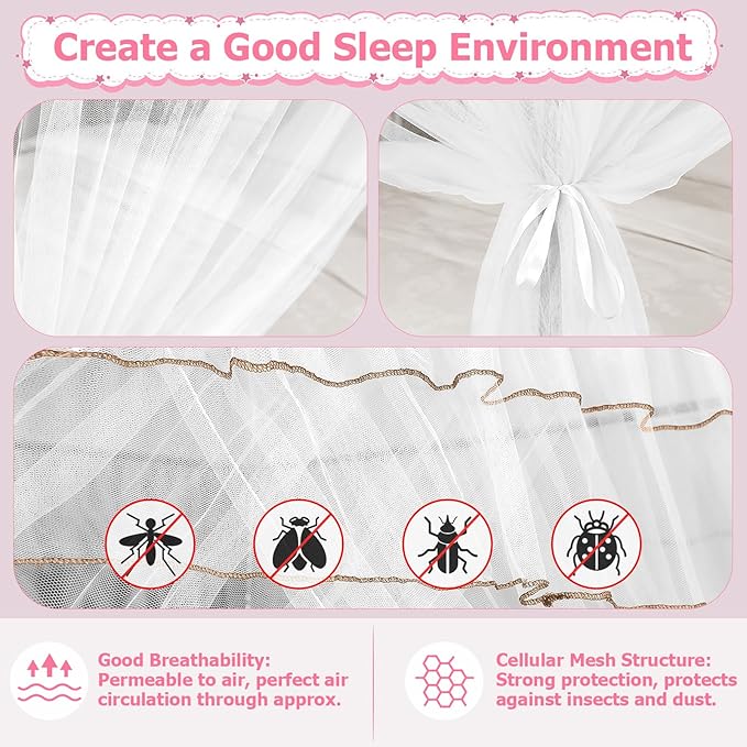 Twin Size Bed Canopy with Lights, Bed Canopy for Girls Princess with Luminous Stars, Canopy Bed Curtains for Twin Bed Kids Indoor Decor Bedroom, 4 Corner Post Bunk Bed for Student Dormitory, White