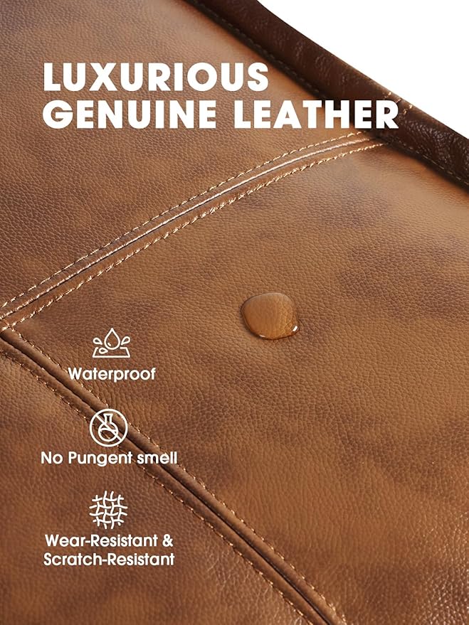 Genuine Leather Square Pouf Ottoman Footstool for Living Room, Bedroom, Indoor (Brown)