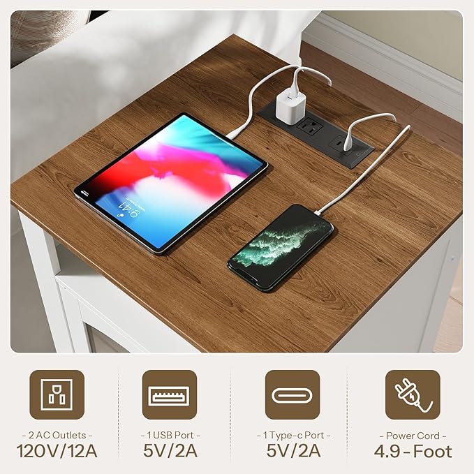 HOOBRO Small Farmhouse End Table for Living Room, Rustic Nightstand with Charging Station, Wooden Sofa Side Table with Tempered Glass Barn Door, for Bedroom, White and Walnut WH405UBZ01