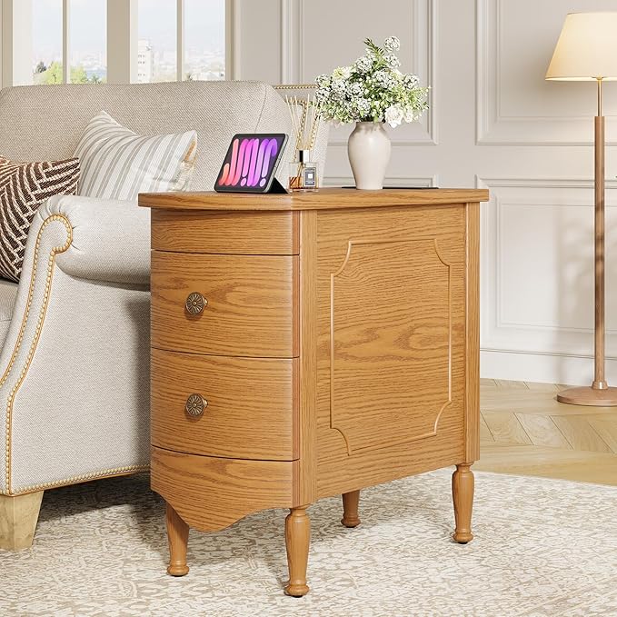 End Table with Charging Station, Narrow Side Table with 2 Drawer, Wood Sofa Side Table for Living Room, Vintage Slim Nightstand Bedside Table for Bedroom, Pre-Assembled (Light Walnut)