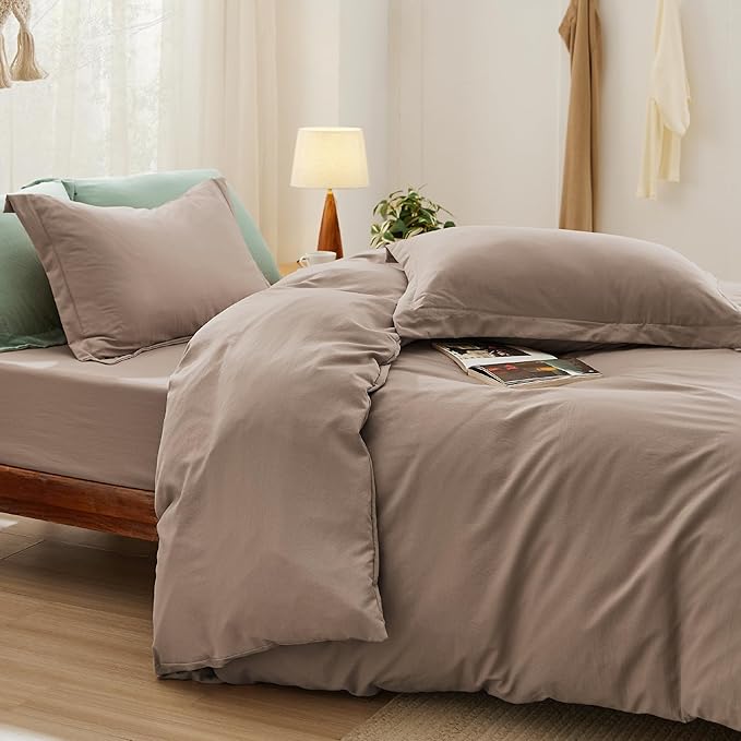 Bedsure Duvet Cover Full Size with Fitted Sheet - 4 Pieces Prewashed Cotton-Like Extra Soft Bedding Set, Includes 1 Duvet Cover 80x90 Inches with Zipper Closure, 2 Pillow Shams, 1 Fitted Sheet, Khaki