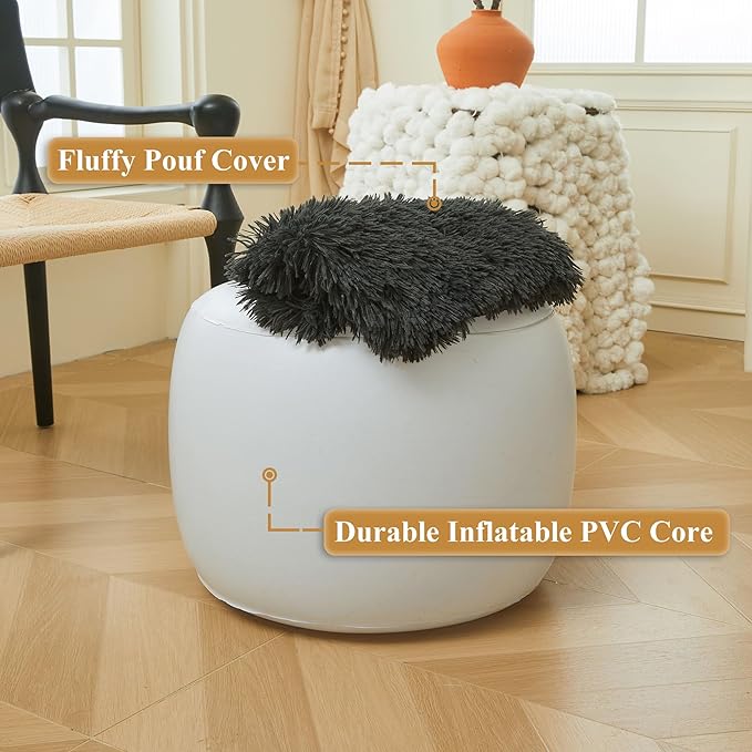 XeGe Fluffy Faux Fur Inflatable Pouf Ottoman, Cozy Shaggy Fuzzy Foot Stool, Furry Foot Rest Floor Pouf Anti-Slip, Foldable Round Ottoman Cushion for Living Room Bedroom Patio Dorm Desk, Dark Grey