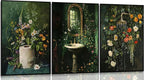 3Pcs Vintage Dark Green Bathroom Wall Art Shower Toilet Paper Roll Floral Poster Print Modern Farmhouse plants Painting Picture Wall Decor For Bathroom Living Room Decoration Unframed