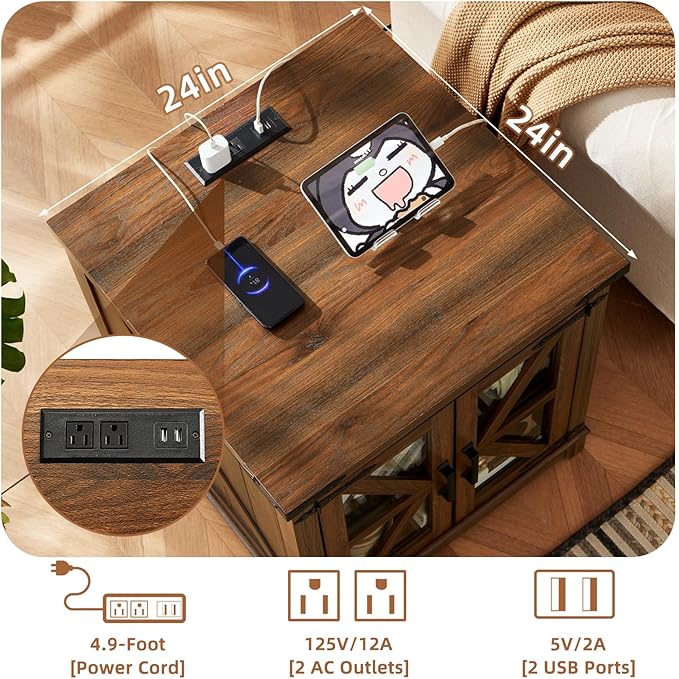 Farmhouse End Table with Charging Station, 24" Large Sofa Side Table with Glass Barn Door, Nightstand with Adjustable Storage Shelf,Wood Square Bedside Table for Living Room,Bedroom