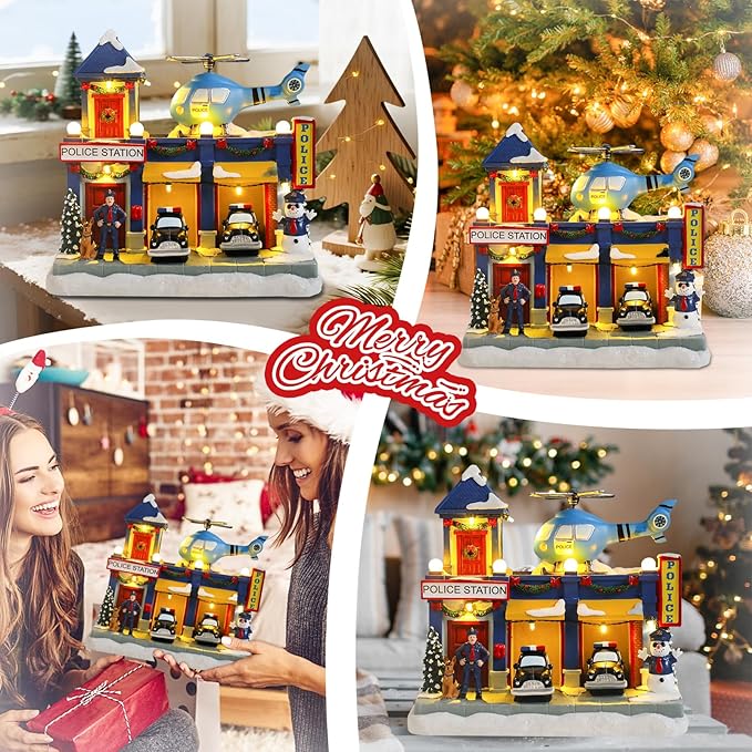 VCUTEKA Animated Christmas Village Houses, Lighted Musical Police Station Scene with Helicopter, Patrol Car, Dog, Victorian Xmas Village Collectible Building for Holiday Home Table Display Décor
