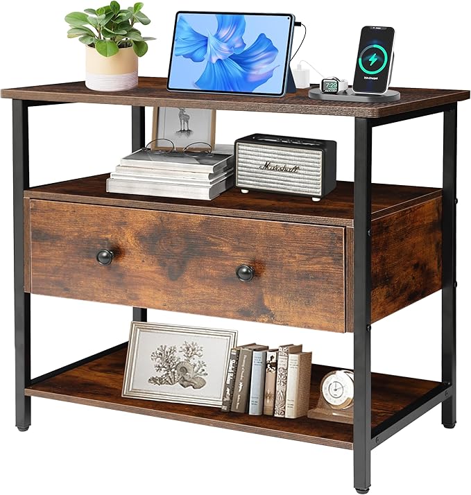 27 Inch Wide Night Stand with Charging Station, Wood Nightstand with Open Shelf, Large Drawer Bedside Table for Living Room/Bedroom/Office (Retro Brown)