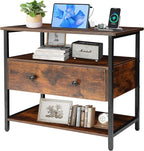 27 Inch Wide Night Stand with Charging Station, Wood Nightstand with Open Shelf, Large Drawer Bedside Table for Living Room/Bedroom/Office (Retro Brown)