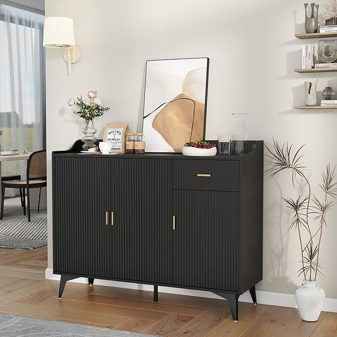 Sideboard Buffet Cabinet with Drawers: 47" Black Fluted Sideboard Cabinet with Drawers and 3 Doors, Modern Wood Credenza Storage Cabinet, Large Accent Cabinets for Living Room (47")