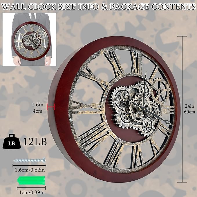 HOIBAI Farmhouse Vintage Industrial Oversized Wall Clock - 24 in (60cm) Moving Gear Wall Clock for Living Room Decor