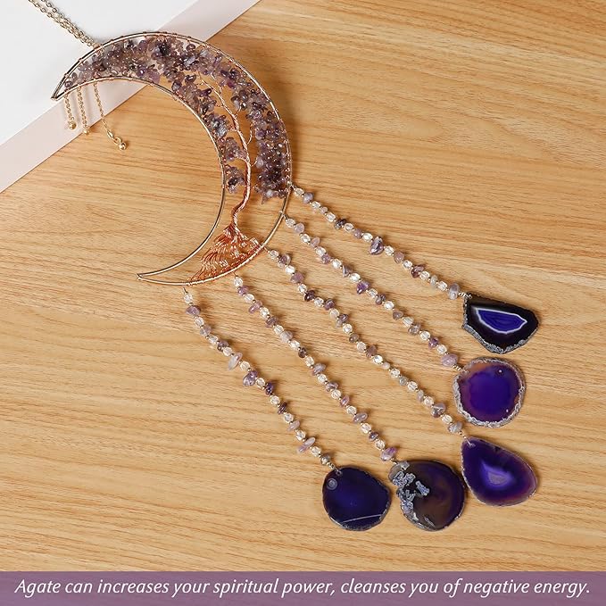 Agate Gemstone Dream Catcher 7 Chakra Tree of Life Dream Catcher with Rainbow Crystal Stones Handmade Dreamcatcher Wall Decor for Adults Boys Girls,Bedroom,Wedding,Garden,Bless Gift(Purple Moon)