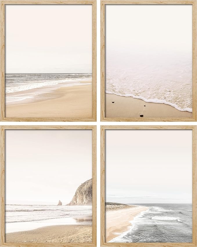 SIGNWIN Framed White Minimalist Ocean Beach Seashore Scenic Wall Art, Set of 4 Landscape Colorful Wall Decor Prints, Nature Wilderness Wall Décor for Living Room, Bedroom - 12"x16" Natural