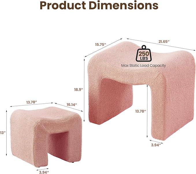 Ottoman Set of 2 Vanity Stool Chair Seating Backless Modern Foot Rest Teddy Velvet Small Footstool Ottoman for Makeup Room Living Room Bedroom Entryway,(2-in-1) Pink