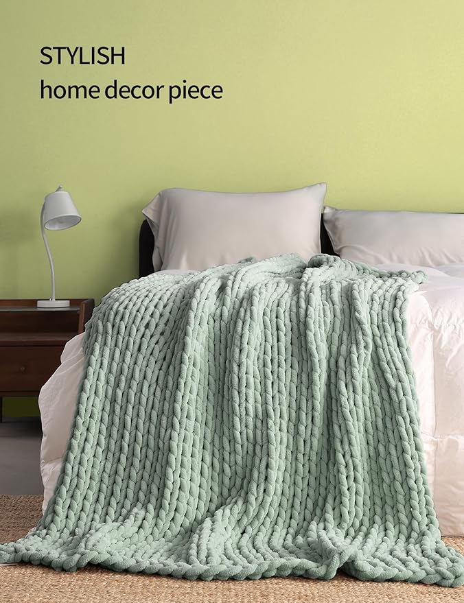 YnM Chunky Throw Blanket, Medium-Weight, Hand Knitted with Chenille Yarn, Skin Friendly, Ventilated and Breathable, Machine Washable, Home Décor Piece for Couch, Sofa and Bed (Sage Green, 50x60 Inch)