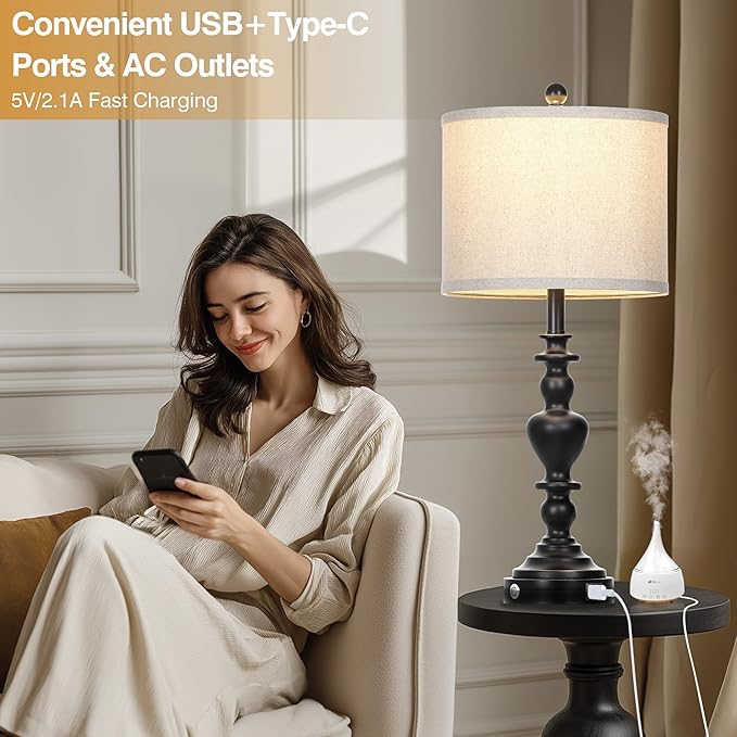 27" Farmhouse Vintage Lamps Set of 2 with USB C+A Charging Ports, Black Rustic Touch Control Table Lamp for Living Room, 3-Way Dimmable Traditional Nightstand Bedside Lamp Linen Washed for Bedroom