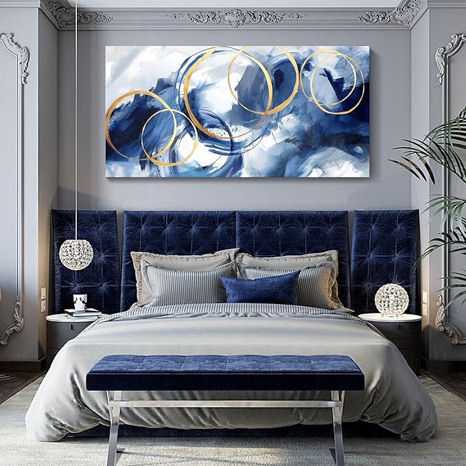 AJAZIKO Abstract Wall Art Blue Modern Art Wall Decor Artwork For Walls Living Room Huge Wall Canvas Office Pictures For Wall Navy Gold Contempor Decorations For Bedroom Size 24x48in