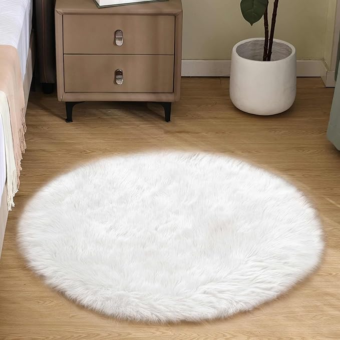 Goolela White Round Rug 3ft Fluffy Faux Sheepskin Fur Rug Small Circle Fuzzy Furry Rug for Bedroom Dorm Plush Washable Carpet