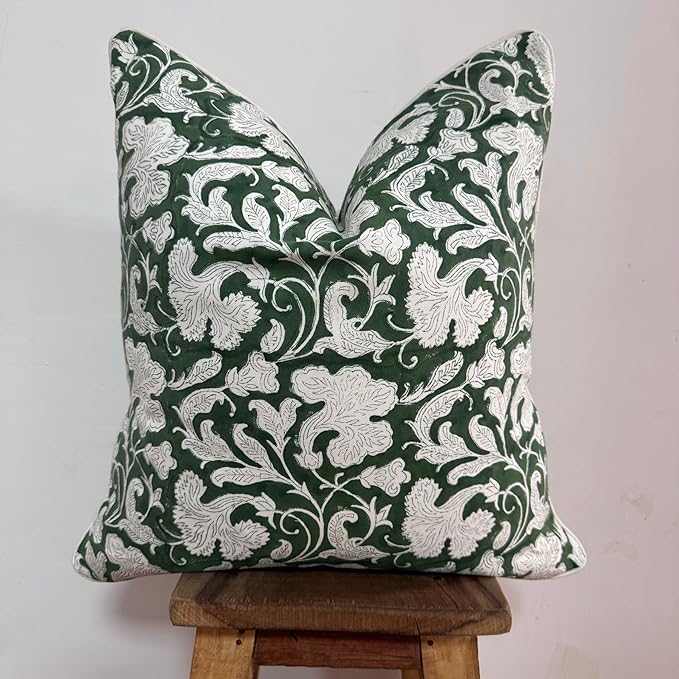 Ridhi Pantone Artichoke Green Block Print Canvas Cotton Throw Pillow Covers for Decorative Couch Pillows for Living Room, Chic Boho Cute Outdoor Thanksgiving Pillows Covers Gifts 18x18 Inches