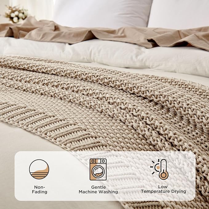 Joydeco Chunky Cable Knit Throw Blanket, Lightweight 100% Organic Cotton Soft Cozy Throw Twin Blanket for Couch Bed and Sofa, Rustic Breathable Farmhouse Blanket Gift for Women Men(Beige, 60"x80")