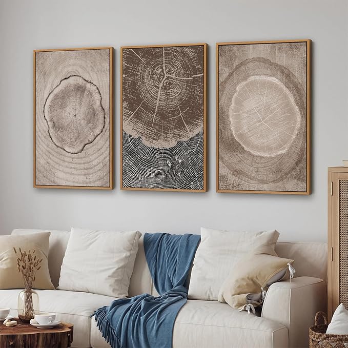 SIGNINART Beige Tree Ring Framed Canvas Wall Art Set, Abstract Black and White Rustic Wood Wall Decor, Neutral Wood Stump Artwork, Modern Art Prints for Bedroom Living Room Office 16"x24"x3