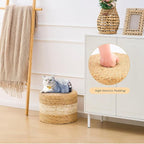 Handwoven Water Hyacinth Ottoman Pouf, Round Outdoor Footstool with Sturdy Frame, No Assembly Needed, Boho Accent Stool for Indoor & Outdoor Use – Patio, Balcony, Living Room (White)