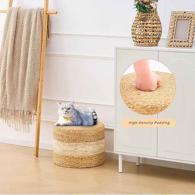 Handwoven Water Hyacinth Ottoman Pouf, Round Outdoor Footstool with Sturdy Frame, No Assembly Needed, Boho Accent Stool for Indoor & Outdoor Use – Patio, Balcony, Living Room (White)