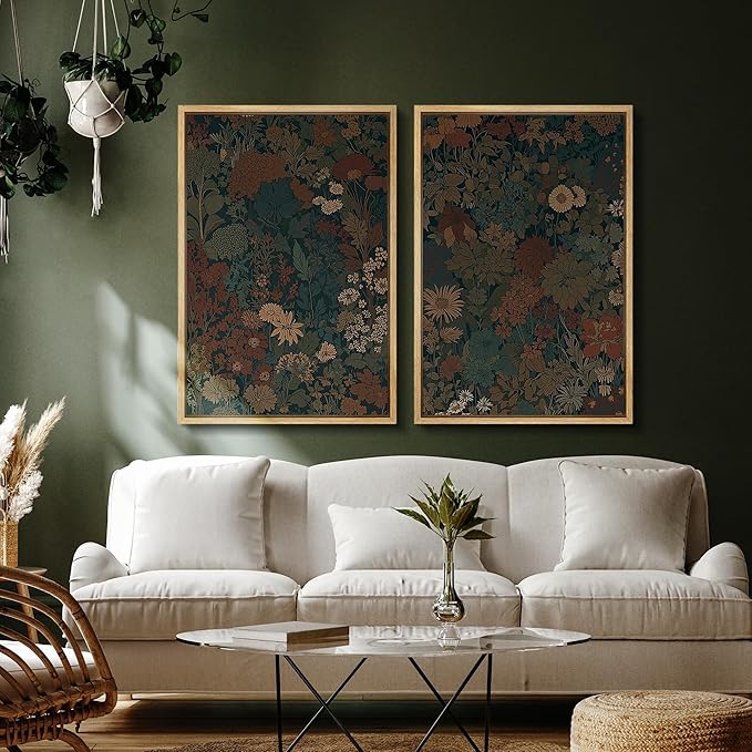 SIGNFORD Framed Canvas Print Wall Art Set Vintage Botanical Floral Dark Green and Rust Toned Illustration Modern Art Decorative Nordic Nature for Living Room, Bedroom, Office - 24"x36"x2 Natural
