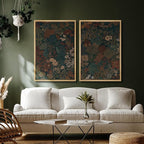 SIGNFORD Framed Canvas Print Wall Art Set Vintage Botanical Floral Dark Green and Rust Toned Illustration Modern Art Decorative Nordic Nature for Living Room, Bedroom, Office - 24"x36"x2 Natural
