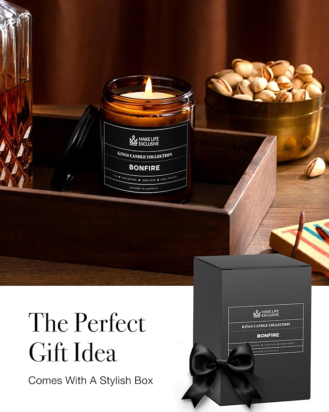 Scented Candles for Men | Bonfire, Mahogany & Teakwood Scented | Wooden Wick, Long Lasting, Masculine Scents | Natural Soy Jar Candle for Home, Bachelor Pad Decor | The Perfect Mens Gift.