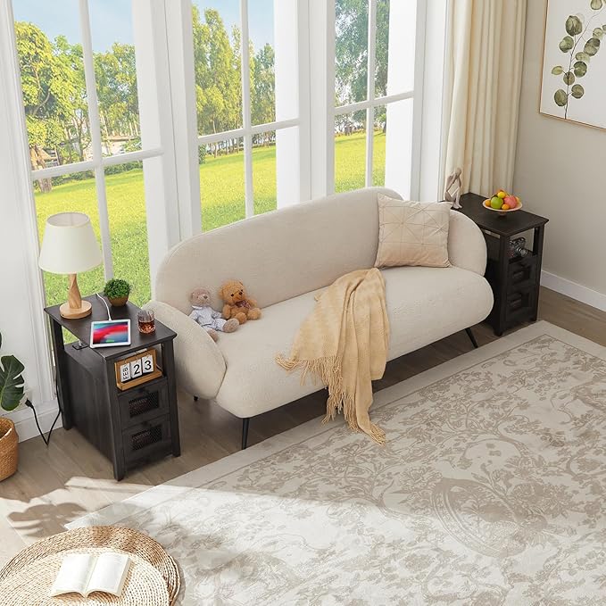 Farmhouse XXL End Table with Charging Station, Narrow Side Table with USB Ports and Outlets, Nightstand with 2 Drawers Storage, Grey Bedside Tables for Living Room, Bedroom