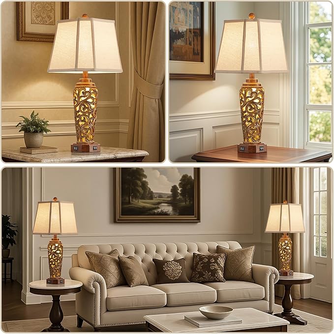 27" Set of 2 Farmhouse Table Lamps for Living Room Bedroom, Rustic Bedside Lamp with USB A+C Ports, Red Brown Resin Vintage Nightstand Lamps with Night Light, 2 Bulbs Include