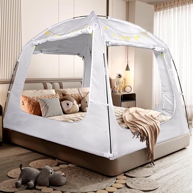 Bed Tent Bed Canopy Queen Size for Kid and Adults 100% Breathable Tents 4 Doors 80% Blackout - Indoor Portable Sleeping Tents Privacy Large Space with String Light