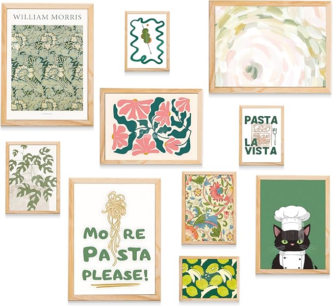 Kitchen Wall Decor, 10 pcs of Framed Kitchen Wall Art Prints, Natural Oak Frames, and Aesthetic Pictures Wall Decor, Sage Green Decor Wall Picture Set