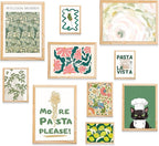 Kitchen Wall Decor, 10 pcs of Framed Kitchen Wall Art Prints, Natural Oak Frames, and Aesthetic Pictures Wall Decor, Sage Green Decor Wall Picture Set