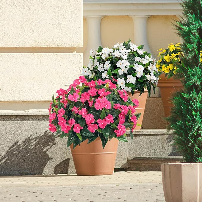 UUqueeten Fall Decorations for Home Fake Fall Flowers Fake Plants Artificial Impatiens Bouquet Flowers for Outdoors Silk Faux Flowers Impatiens Plants Decor Indoor Planters 15.7" (Rose Red) 8PCS