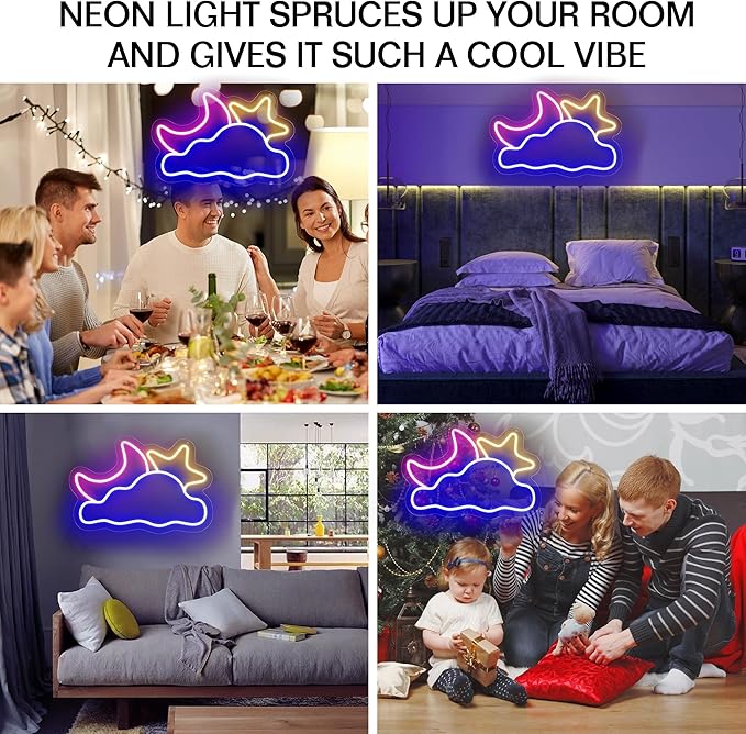 Moon Cloud Star Neon Sign, Large Neon Light for Bedroom, Dimmable Cloud Neon Sign for Living Room, Game Room Wall Decor, Handmade Birthday/Festival Gifts 16.5''x 11 inch