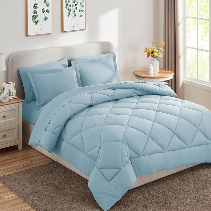 CozyLux Queen Comforter Set Light Blue - Bed in a Bag Queen Size 7 Pieces, Luxury Soft Bed Set for All Seasons, Bedding Set with Down Alternative Comforter, Sheets, Pillowcases & Shams