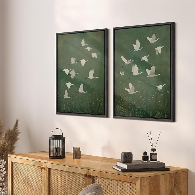SIGNFORD Framed Canvas Print Wall Art Set Flight of Cranes Elegant Birds in Soft Green Hues Illustration Modern Art Decorative Nordic Nature for Living Room, Bedroom, Office - 16"x24"x2 Black