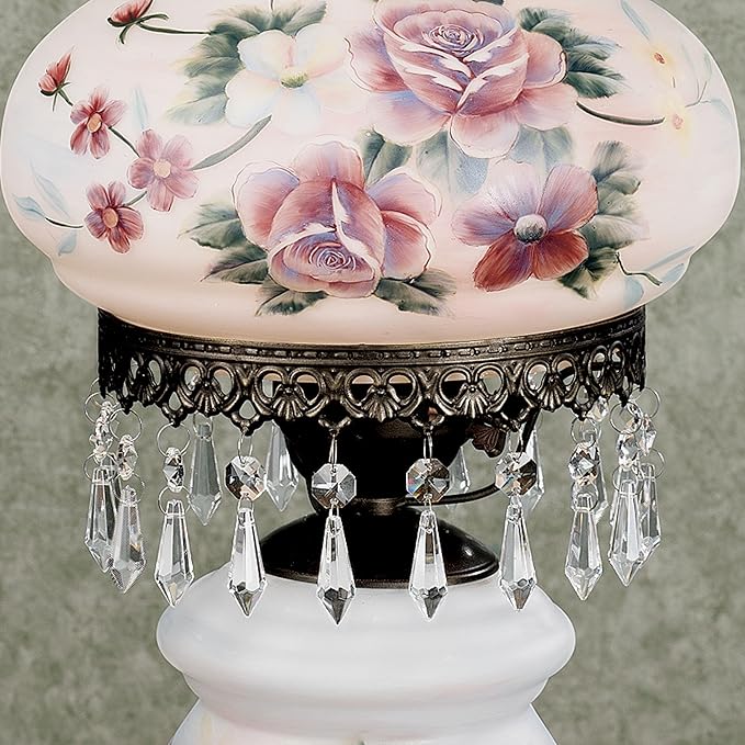 Touch of Class Beatrice Hurricane Rose Table Lamp Pink - Victorian Style - Crystal Beads, Glass - Floral Aesthetic, Roses - Electric - Vintage Antique Parlor Lamps for Home Desk, Bedroom