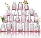 Glass Bud Vase Set of 20 - Small Vases for Flowers in Bulk - Assorted Vintage Crystal Vases for Flowers, Table Centerpieces (Pink, 20 Pcs)
